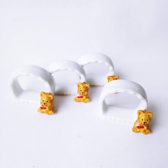 Vtg Teddy Bear Ceramic Napkin Holders Set of 4 Holiday Teddy Table Decor Rings - Picture 2 of 5